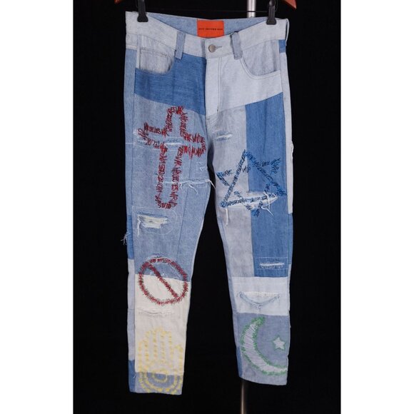 Who Decides War by MRDR BRVDO Unified Embroidered Jeans 30 Mens Blue $675 - Picture 2 of 16